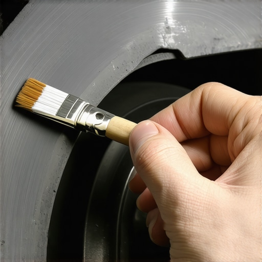 Applying Lubricant to Brake Backing Plate Contact Points Close up of mechanic lubricating car brake system contact points