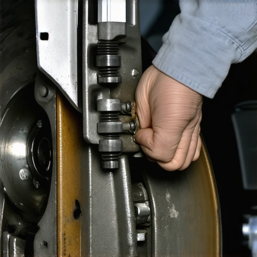 Close-up of a mechanic performing brake hardware maintenance to prevent grinding noises.