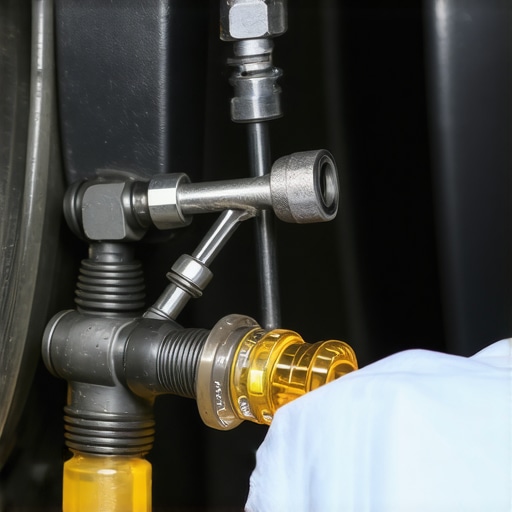 Mechanic bleeding air out of a car brake system using a bleeder valve and clear tube.