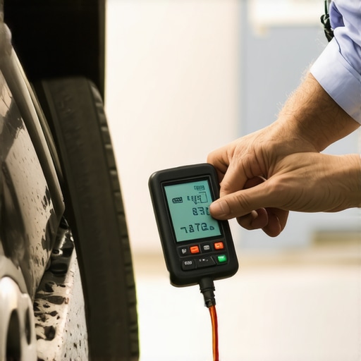 Mechanic using a digital meter to test brake fluid quality for water content.