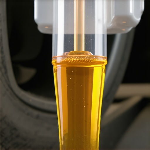 Brake fluid color comparison during flush Close up of old dark brake fluid versus new golden fluid in a transparent tube.