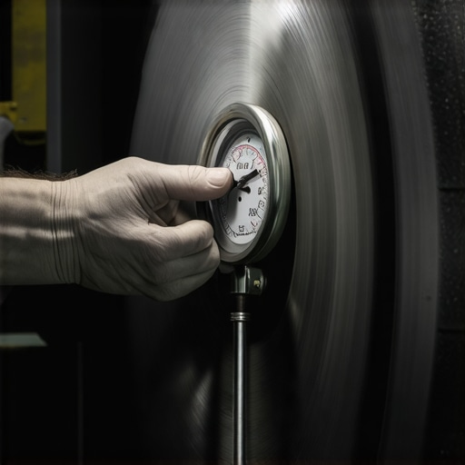 A mechanic measuring brake rotor runout with a dial indicator tool.
