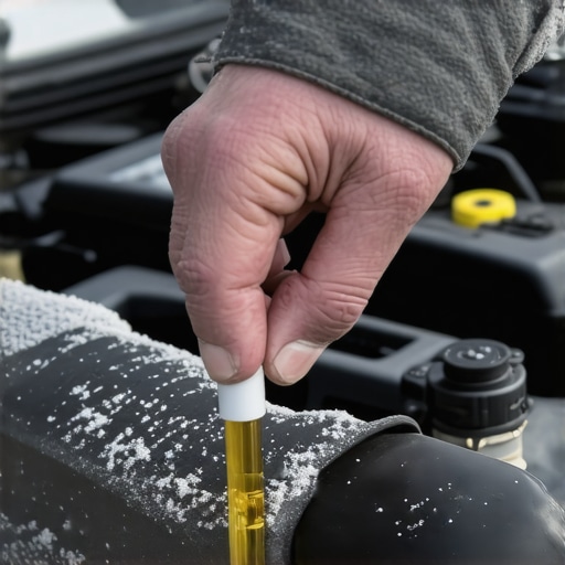 Mechanic inspecting oil level on a frosted car engine during winter.
