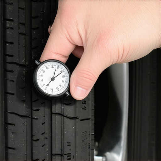 Mechanic measuring uneven tire tread wear on the inner edge of a car tire.