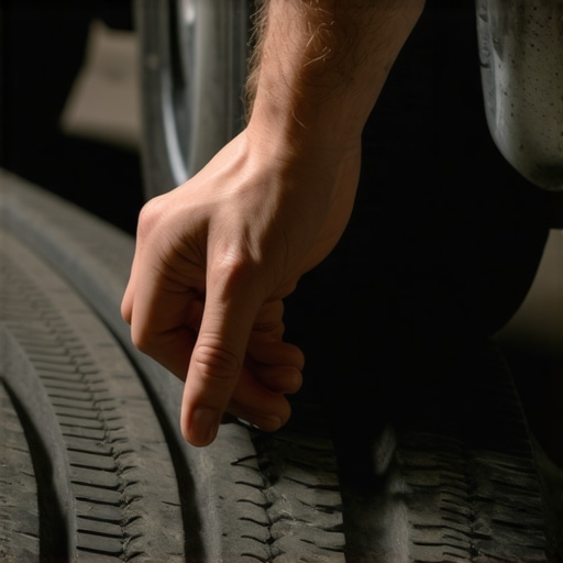 Close up of hand feeling uneven tire tread wear patterns caused by bad shocks
