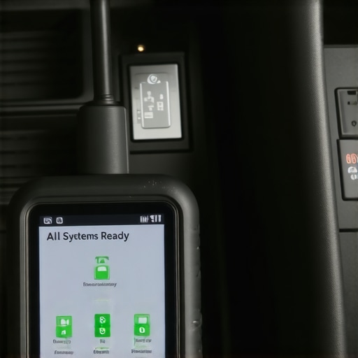 Checking car readiness monitors with a scanner Close up of an OBDII scanner showing a car is ready for an inspection test.
