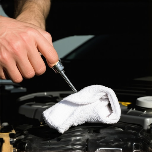 A car owner checking the engine oil level using a dipstick and a white rag during routine maintenance.