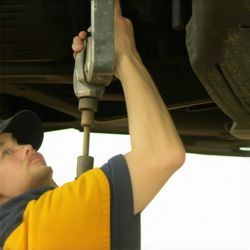Technician manually inspecting a steering tie rod end for signs of wear and loose movement.