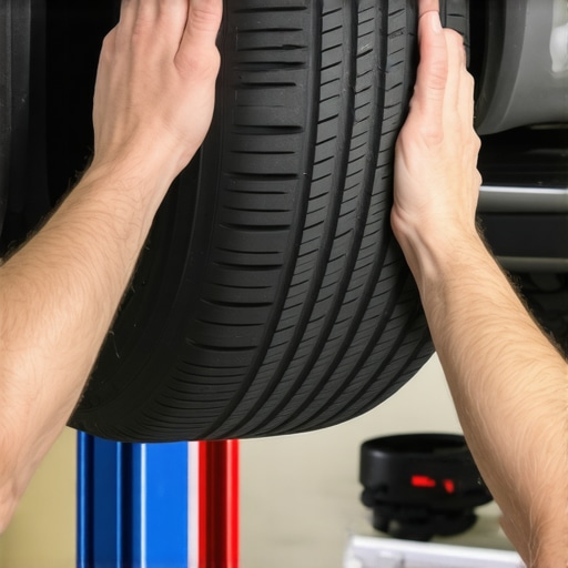 A mechanic performing the 12 and 6 o'clock shake test on a car wheel to diagnose steering issues.