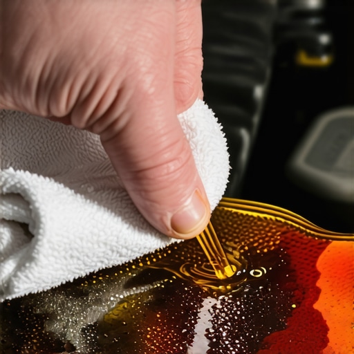Close up of a mechanic checking power steering fluid quality with a dipstick and rag.