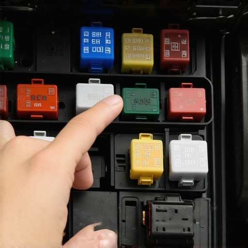 Close up of a mechanic checking a car cooling fan relay inside the engine bay fuse box.