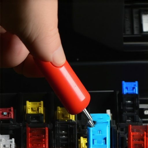 A hand pulling a car fuse from an interior fuse panel to troubleshoot dim dashboard lights.