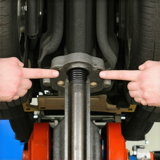 Close up of a vehicle's steering components being inspected for loose parts