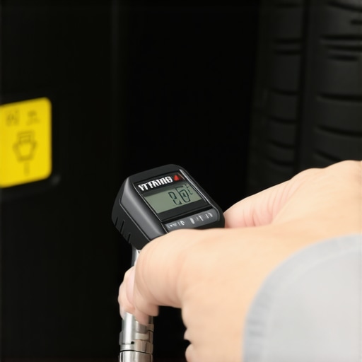 A digital tire pressure gauge being used on a car tire to check for low air pressure.
