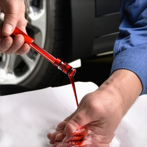 Checking transmission fluid color for health Close up of red transmission fluid on a white cloth for inspection