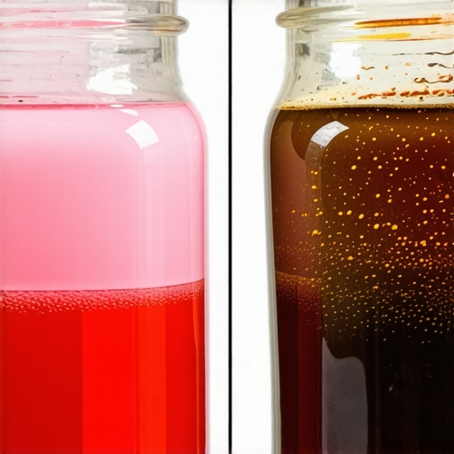 Comparison of fresh pink power steering fluid and dark dirty fluid showing oxidation and contamination levels.