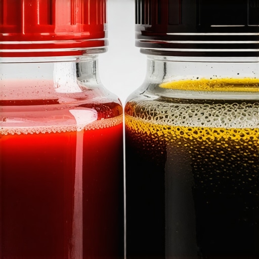 Clean vs Contaminated Power Steering Fluid Comparison A side-by-side comparison of fresh power steering fluid and old contaminated fluid.