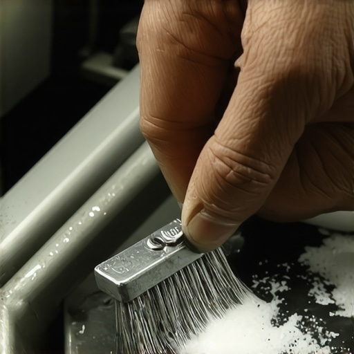 A person scrubs blue-green corrosion off a car battery terminal using a wire brush and a baking soda solution.