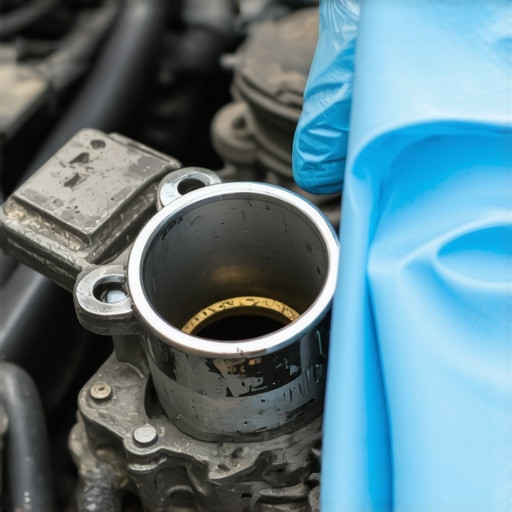 A technician inspecting a carbon-coated throttle body before cleaning with a specialized spray.