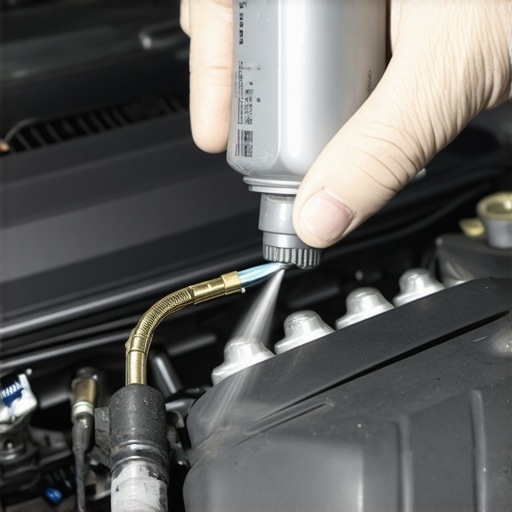 Person spraying specialized cleaner on a car mass air flow sensor inside the engine bay