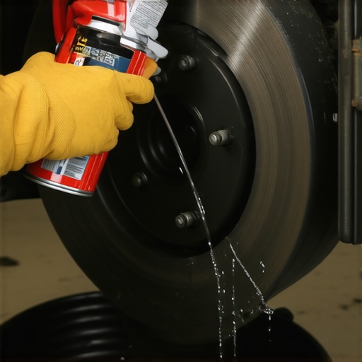 Cleaning a new brake rotor with aerosol cleaner Close up of a mechanic cleaning a car brake rotor to remove shipping oil before installation
