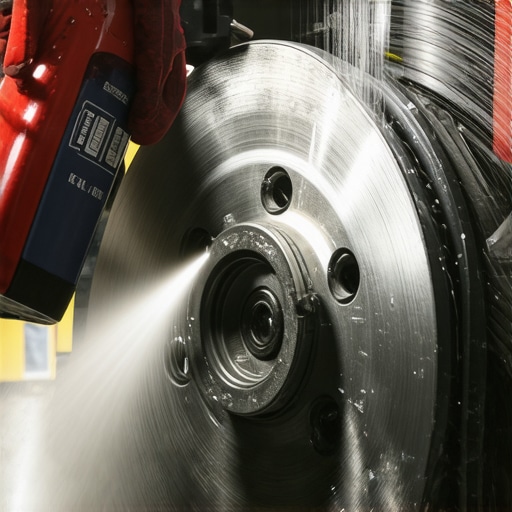 Cleaning new brake rotors with brake cleaner Mechanic cleaning a new brake rotor with spray to prevent squealing noise.