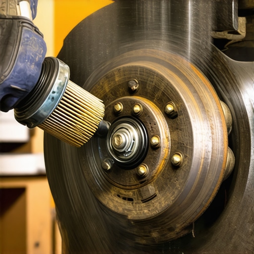 A mechanic cleaning a rusty wheel hub to prevent lateral runout and brake vibration.