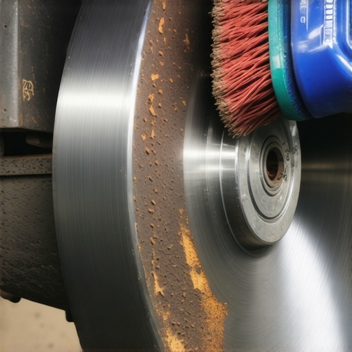 Mechanic cleaning rust off a car wheel hub with a wire brush