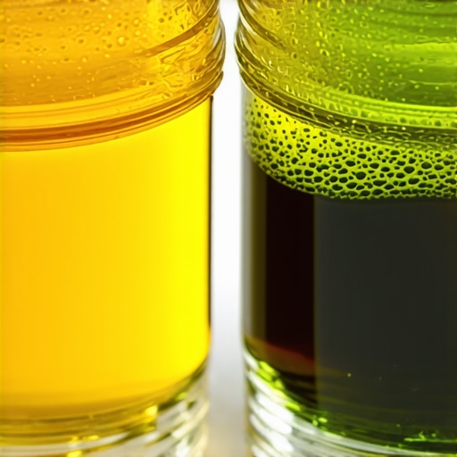 Comparing Clean and Contaminated Brake Fluid Visual comparison of healthy amber brake fluid versus degraded green brake fluid containing copper leaching.