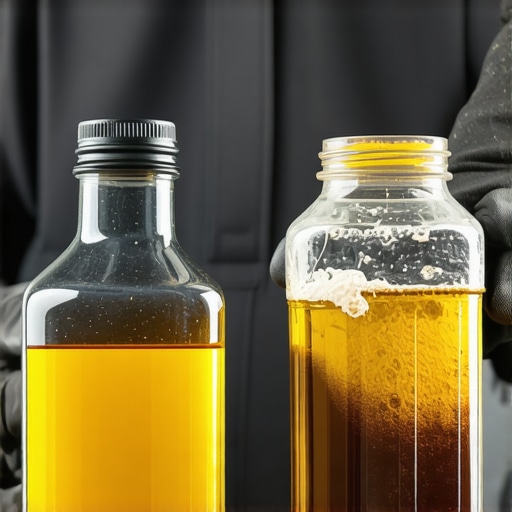 Contaminated brown brake fluid in a jar versus fresh golden fluid showing importance of fluid changes.