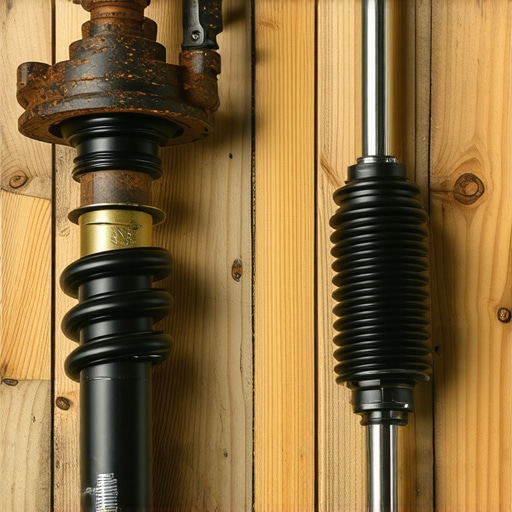 A new shiny shock absorber contrasted with a leaking, old rusted unit to show wear.