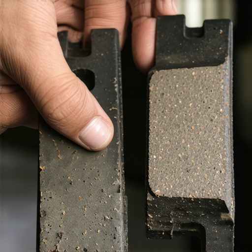 Close up of a mechanic holding a worn out brake pad next to a new one to demonstrate wear levels.
