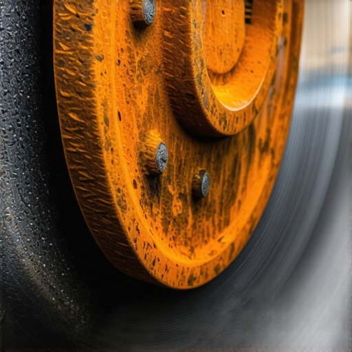 A brake rotor showing orange surface rust being cleaned away by pad contact.