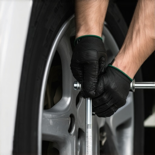 Mechanic using a torque wrench to properly tighten wheel bolts
