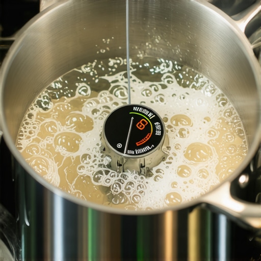 Suspended car thermostat undergoing a heat test in a pot of water on a stove.