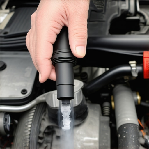 Mechanic using smoke to identify a vacuum leak on a car engine