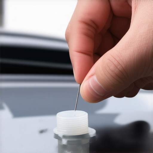 Clearing a clogged car windshield washer nozzle with a needle