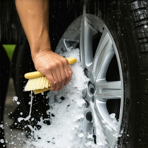 Close-up of scrubbing a car tire and rim with soapy water