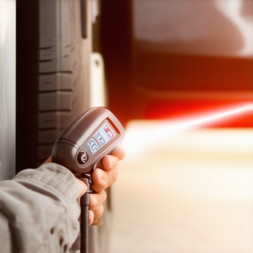 Mechanic using an infrared thermometer to check exhaust temperature.