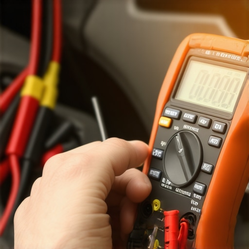 Digital Multimeter Diagnostic Test A close-up of a digital multimeter checking the voltage of a car battery under the hood of a modern vehicle.