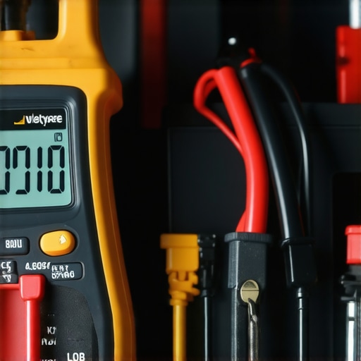 Digital Multimeter Testing Car Battery Close-up of a digital multimeter displaying voltage readings on a car battery in a garage.
