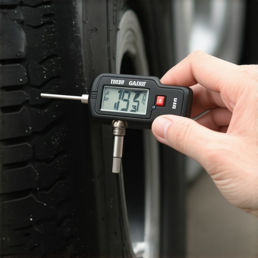 Close up of a hand using a digital tread depth gauge on a car tire to check for uneven wear.