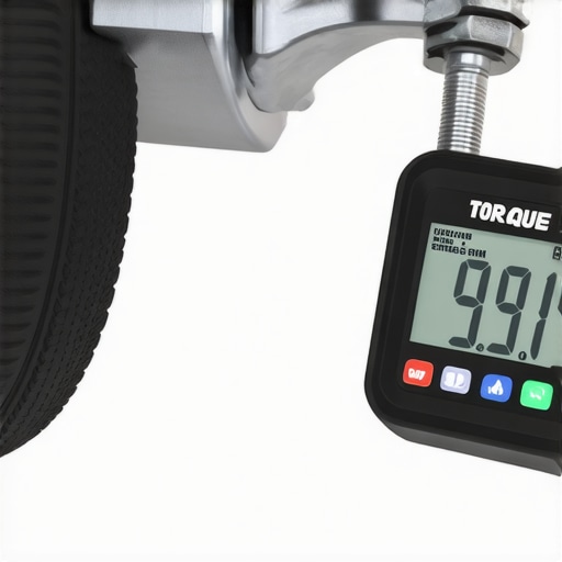Close-up of a digital torque wrench being used on an aluminum car suspension component for precise maintenance.