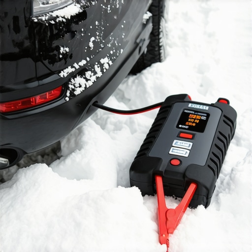Portable lithium jump starter on a car battery in snow