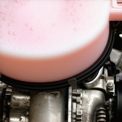 Close-up of a car power steering reservoir filled with aerated pink foam and bubbles.