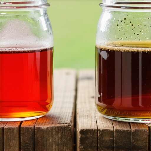 Comparison of fresh red transmission fluid and burnt brown fluid