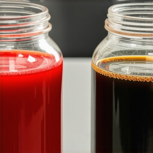 Close-up comparison showing the difference between clean new transmission fluid and old contaminated fluid.
