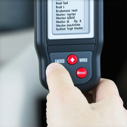 Identifying Invisible Brake Fluid Contamination A technician using a digital moisture tester to check for water content in a car's brake fluid reservoir.