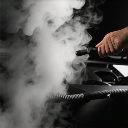 White smoke escaping from a cracked engine hose during a diagnostic smoke test.
