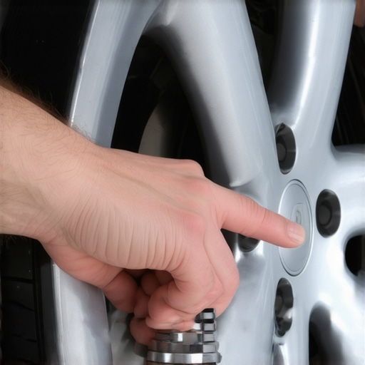A mechanic inspecting a wheel weight on a car rim